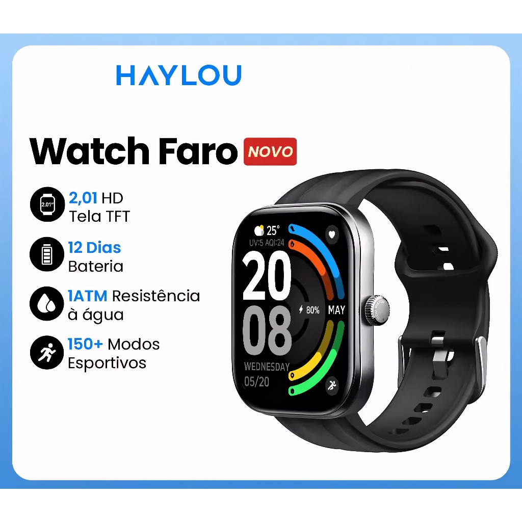 Smartwatch HAYLOU Faro Com Tela Amoled de 2.01'' Monitor de Saúde 24H e 150+ Modos de Esporte