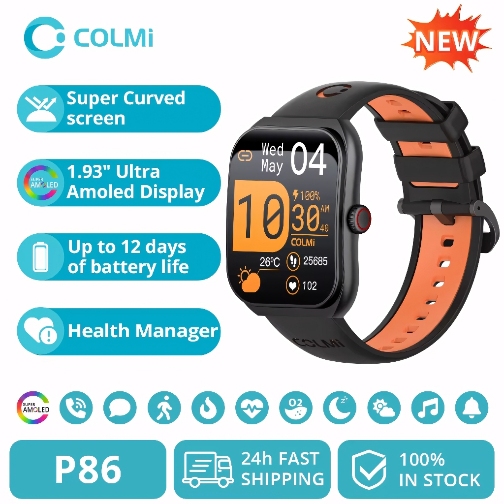 Smartwatch Colmi P86 Tela 1.93 Amoled Gerenciador De Saúde, Bluetooth, Chamada, IP68 À Prova D'água