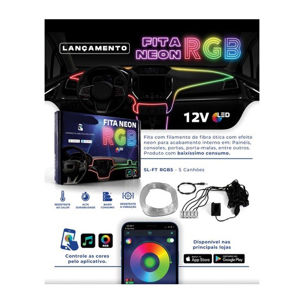 Rgb Led Fibra Ot Wireless Interior Carro Controle Por App 6m
