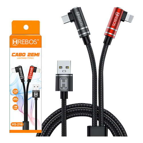 Cabo USB Turbo 2 em 1 3 0A Tecido Lightning e Tipo C Hrebos HS 216