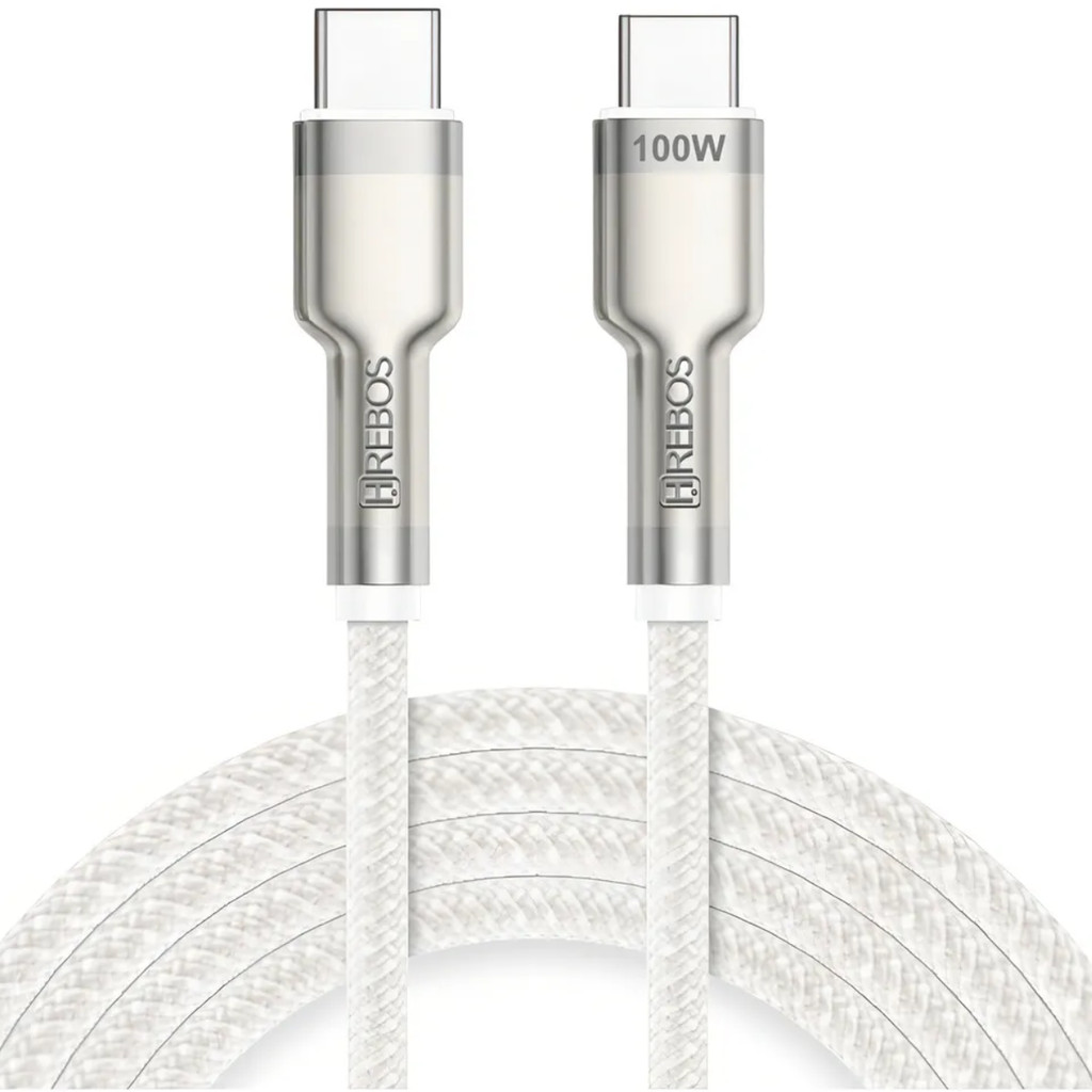 Cabo USB C para USB C 100W Turbo Metal Waves 2 Metros Branco Hrebos CB 352C
