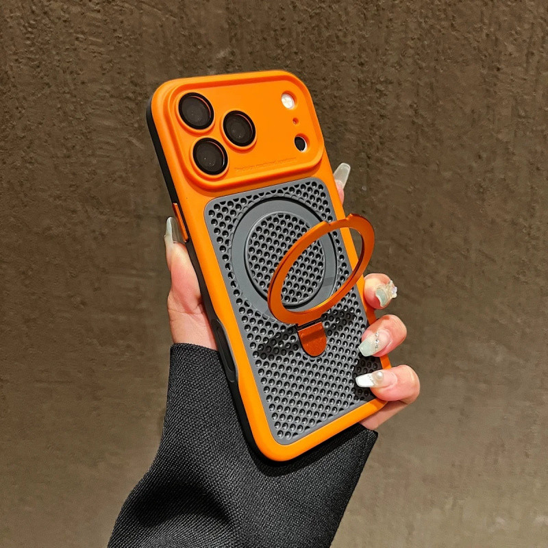 Luxury Heat Dissipation Mesh Hole Magnetic Phone Case For iPhone 12 13 14 15 16 17 18 Pro Max Stand Holder Camera Protec
