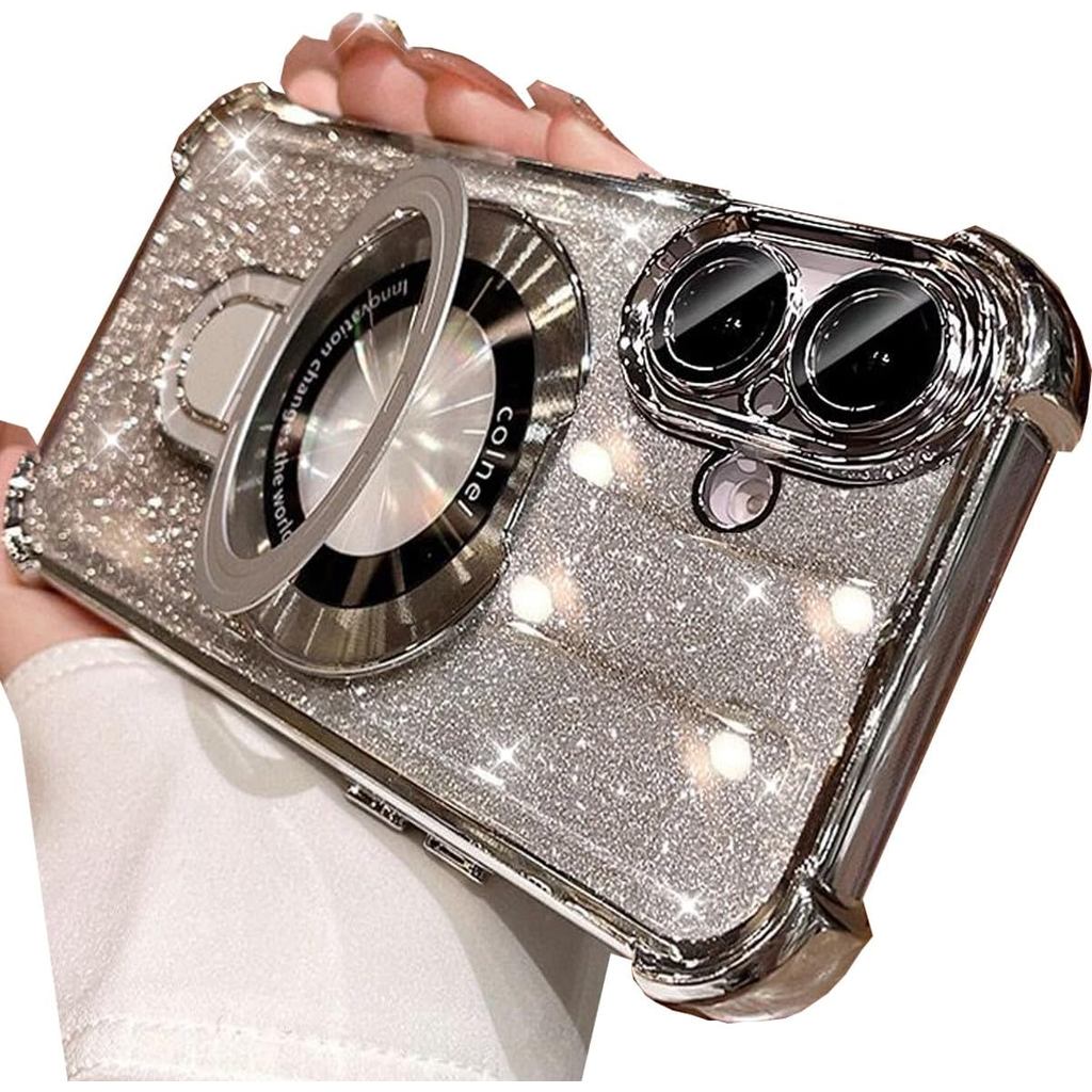 for iPhone 16 Plus Magnetic Stand Glitter Case,[Compatible with MagSafe] Bling Sparkly with Camera Protector Soft TPU Pl