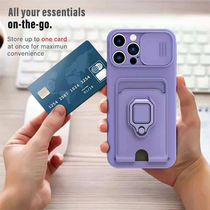 For iPhone 17 Air 16 15 Pro Plus 14 Pro Max Slide Camera Armor Card Slot Magnetic Ring Holder Protection Cover