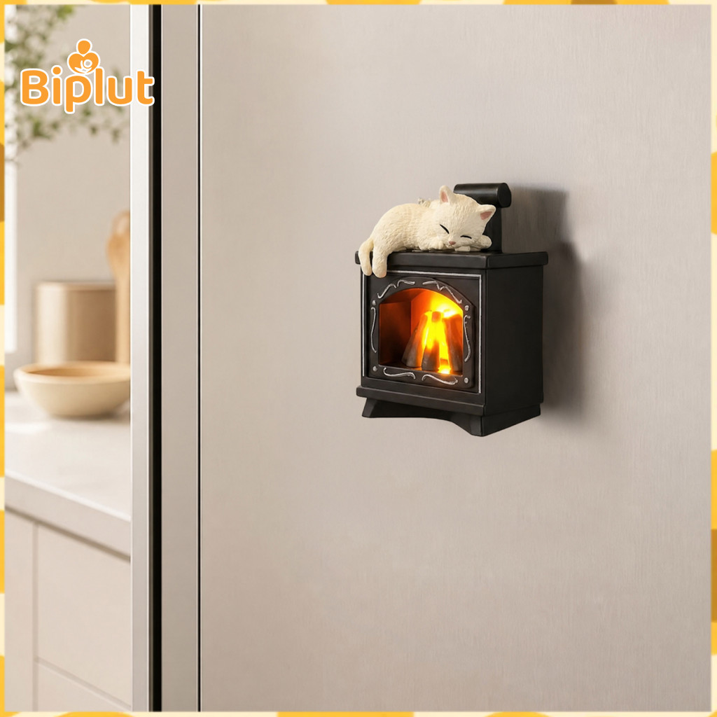 Magnetic Fridge Decoration Sleeping Cat Refrigerator Magnet 3d Led Light-up Fireplace Cute Kitten Decor for Home for Sou