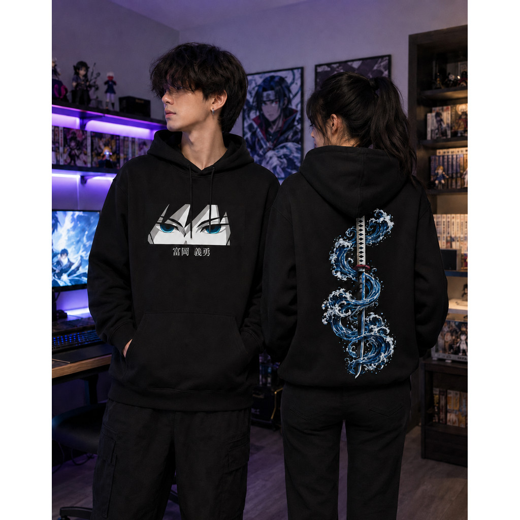 Moletom Anime Demon Slayer Giyu Tomioka Kimetsu no Yaiba Unissex Flanelado Capuz Canguru Geek Otaku Premium