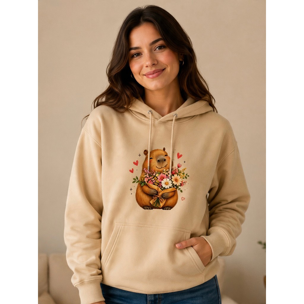 Moletom com Capuz Unissex Estampa Capivara Premium Casual Divertido Tecido Quente Macio Inverno Confortável