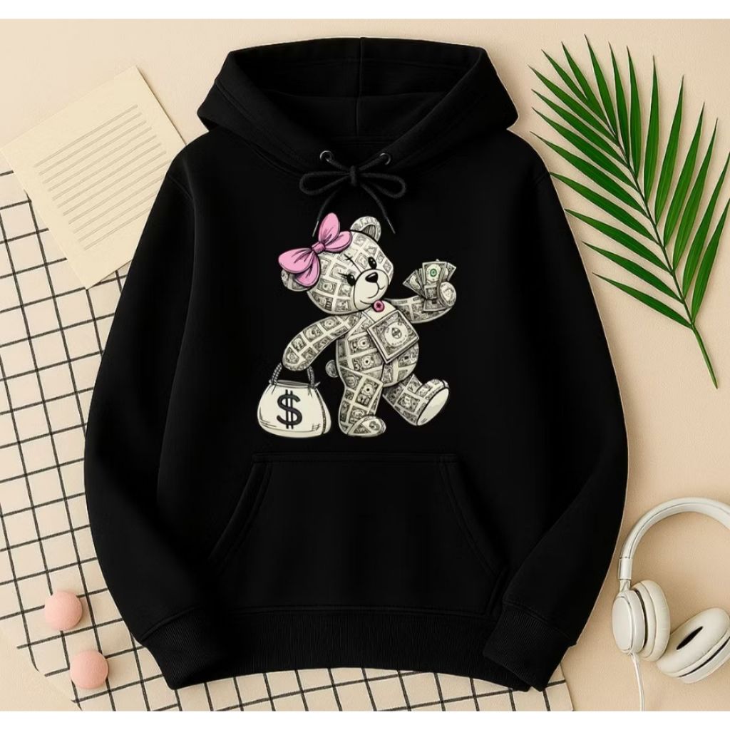 Moletom Blusa de Frio Feminino Rosa Estampada Urso Money Luxo Meninas Blusão Lançamento Premium