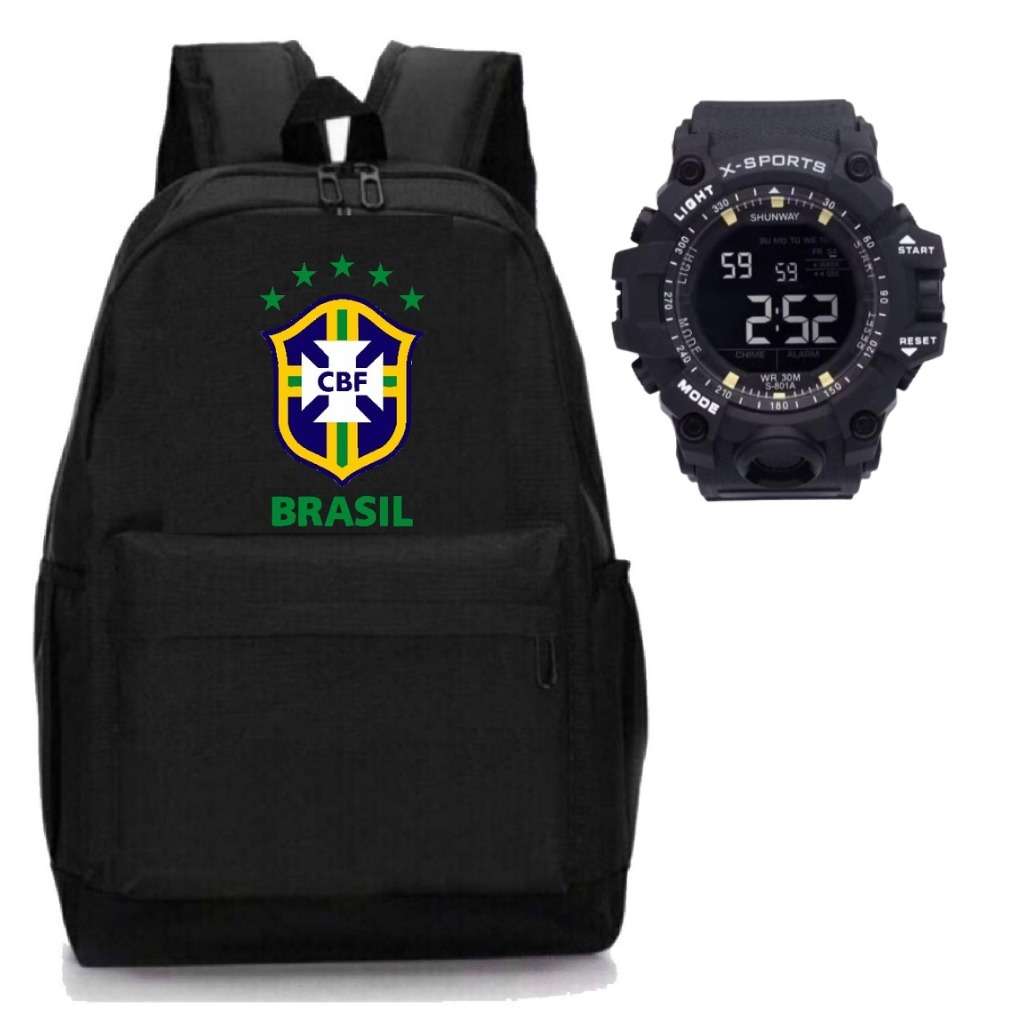 Mochila Escolar Seleção Mundial + Relógio Emborrachado Digital Prova Dágua RK 01