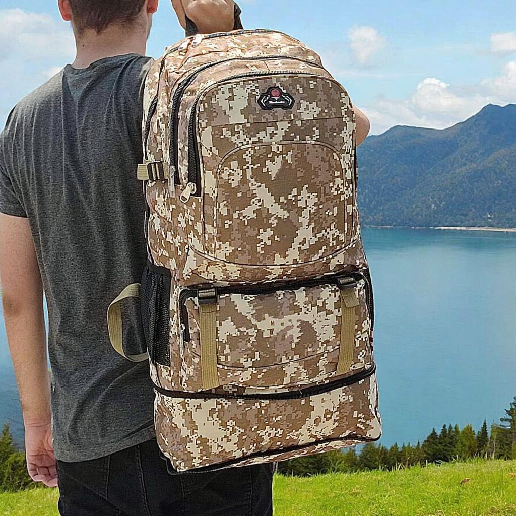 Mochila Grande Camuflagem Digital Bege Marrom Múltiplos Compartimentos Fundo Separado
