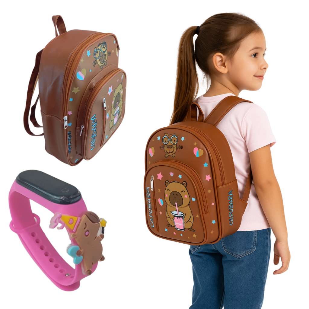 Mochila Infantil Menina Feminino Capivara Com Relogio Digital Led Data & Hora