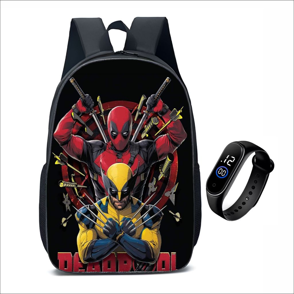 Kit Mochila escolar juvenil infantil + Relógio Digital Modelo Personagens Anime Desenho