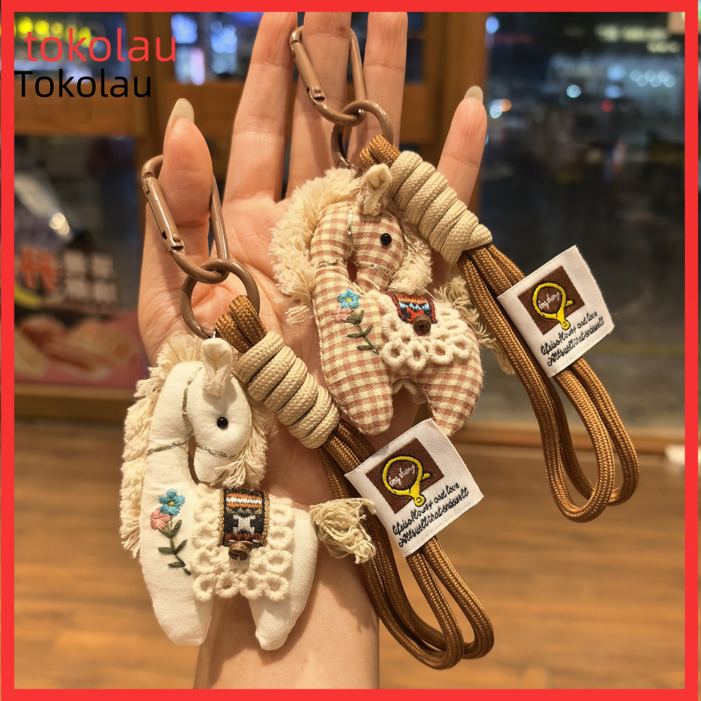 Bag Keychain Women Decoration Vintage Cotton Linen Horse Pendant Portable School Backpack Charm Cute Key Ring Accessorie