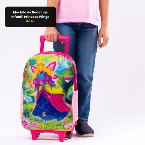 Mochila Rodinhas Infantil Resistente Rosa Asa Princesa Escolar Leve Portatil
