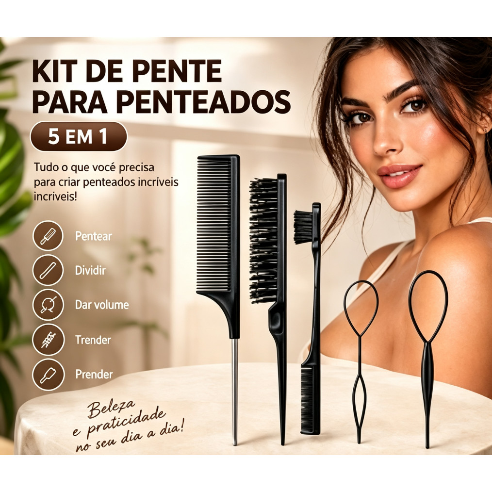 Kit 5 Pentes e Acessórios de Penteado Divisão de Fios Volume Tranças Facil