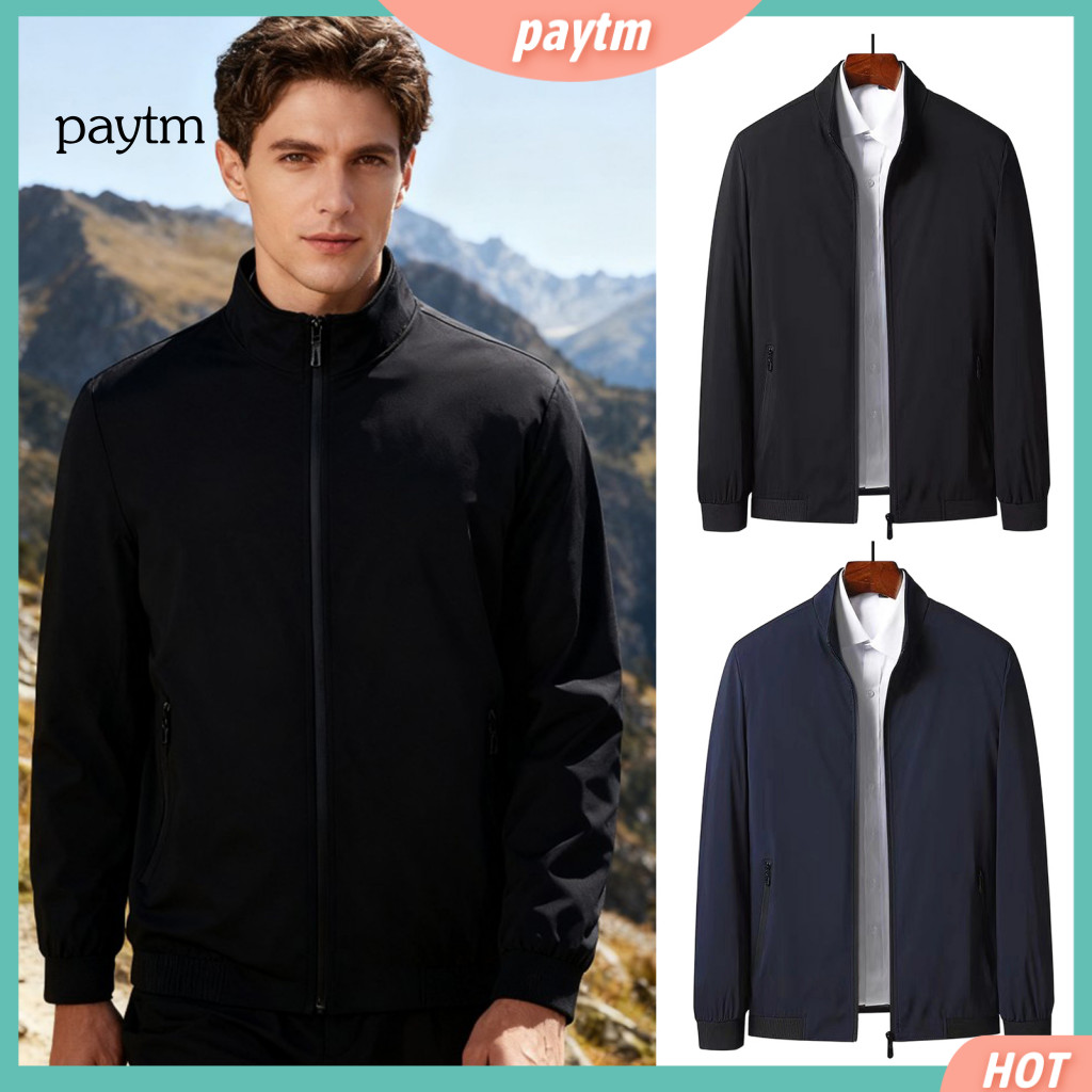 Men Casual Jacket Coat Men's Windproof Stand Collar with Zipper Pockets – Lightweight Long Sleeve Outerwear for Smart