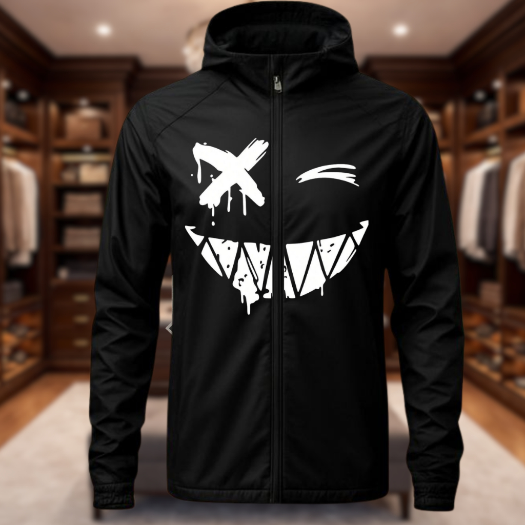 Jaqueta Corta Vento Masculina Impermeável estilo motoqueiro estampado Smile com Capuz Tecido Premium
