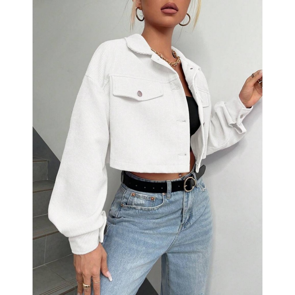 Jaqueta Copped Feminina Veludo Cotelê Premium Botões Frontais Elegante Outono Inverno
