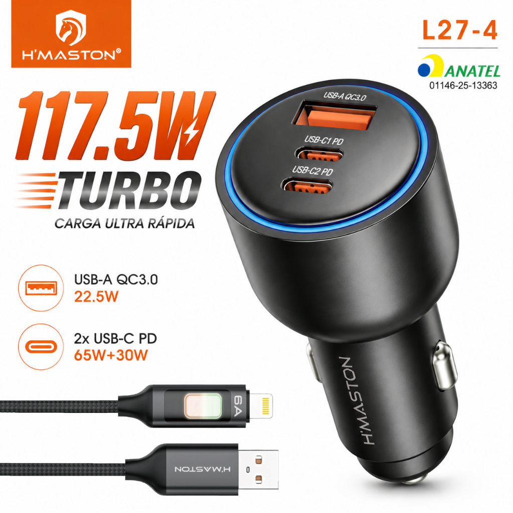 3-PORT Turbo Car Phone Charger with 2 Type-C PD Ports + 1 USB-A QC3.0 Port 117.5W Fast Charging - Original