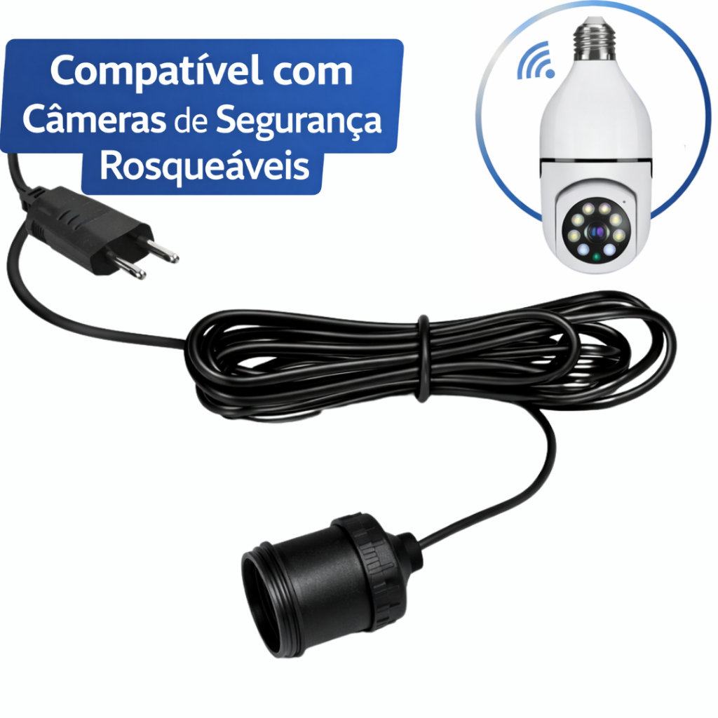 Soquete Extensor Para Câmera de Segurança Rosqueável Bivolt 10A Rabicho Bocal Rosca Lâmpada