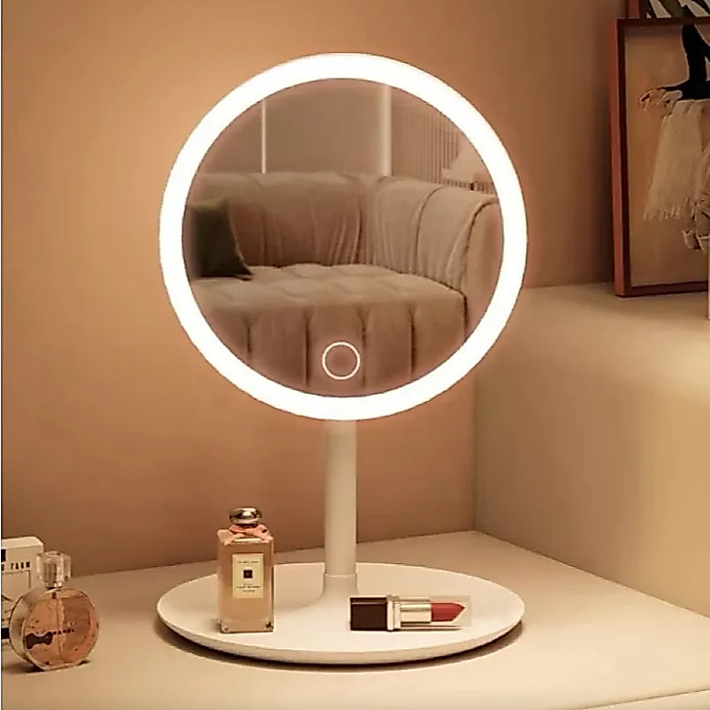 Espelho Redondo Com LED Touch Para Maquiagem 3 Cores De Luz De Mesa Articulado USB Recarregável