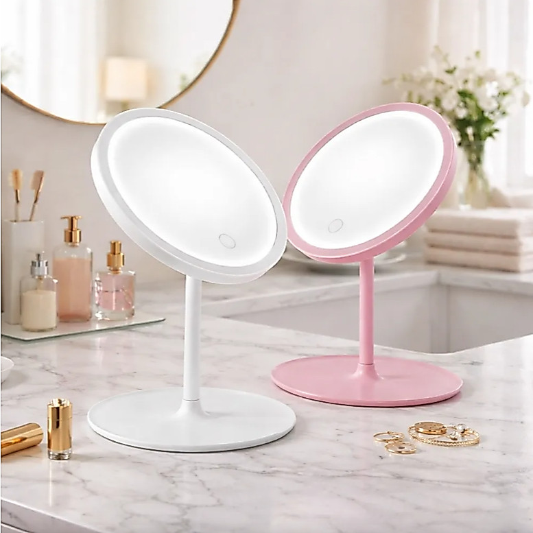 Espelho Redondo Com LED Touch Para Maquiagem 3 Cores De Luz De Mesa Articulado USB Recarregável