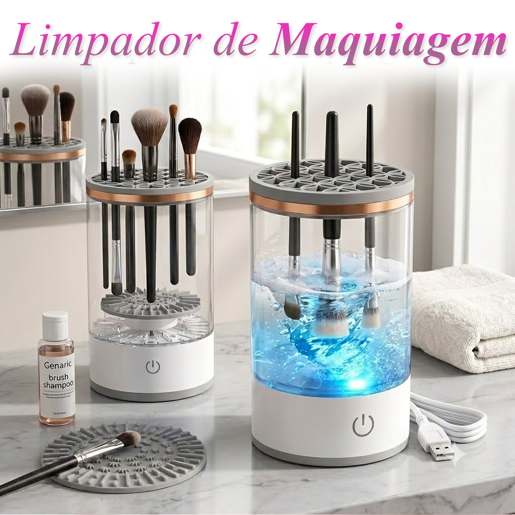Limpador Higienizador Elétrico Automático Pincéis Esponjas Maquiagem Rápido Prático Branco USB Água Detergente