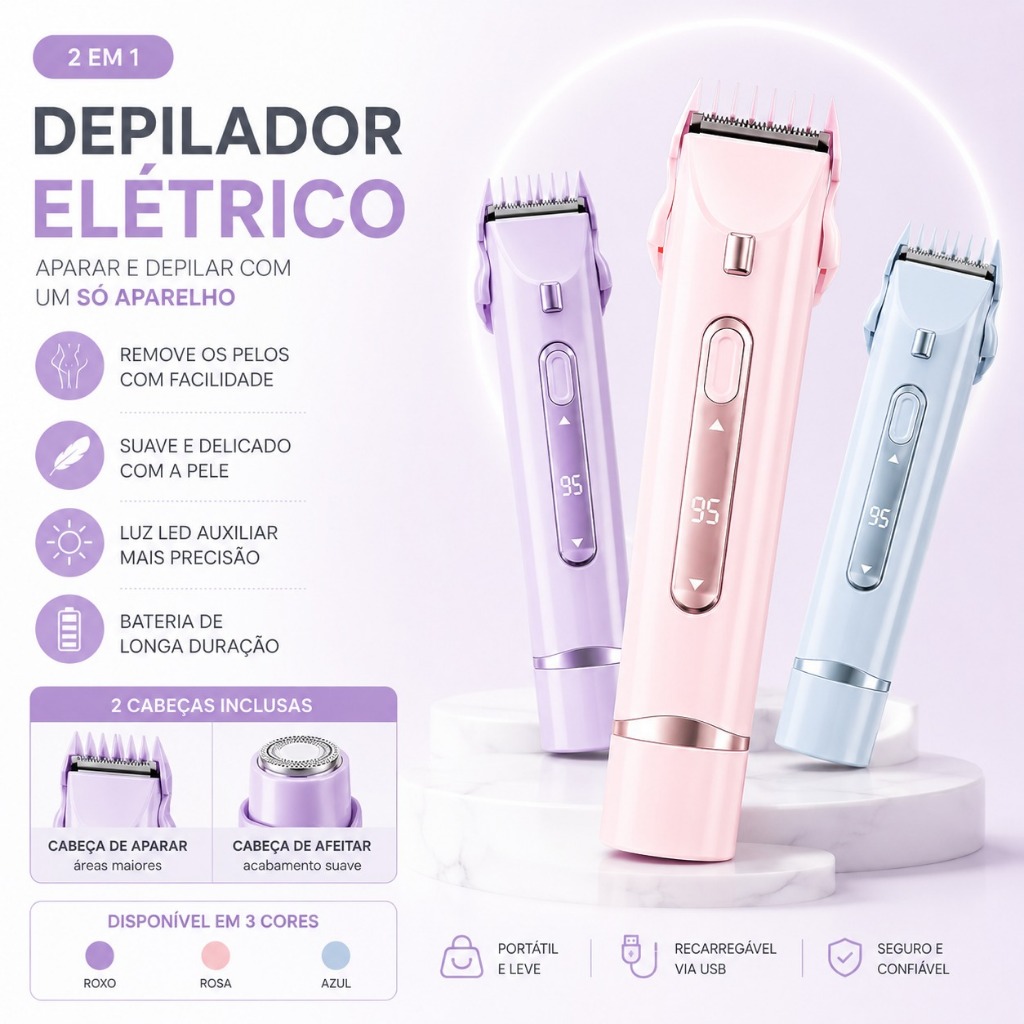 Aparador Feminino 2 em 1 Depilador Elétrico USB Recarregável LED Para Corpo Rosto Bikini Azul Rosa