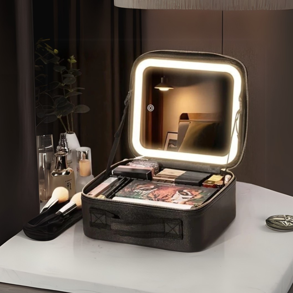 Necessaire Com Espelho LED USB Portátil Para Maquiagens e Cosméticos Com Alça e Divisórias