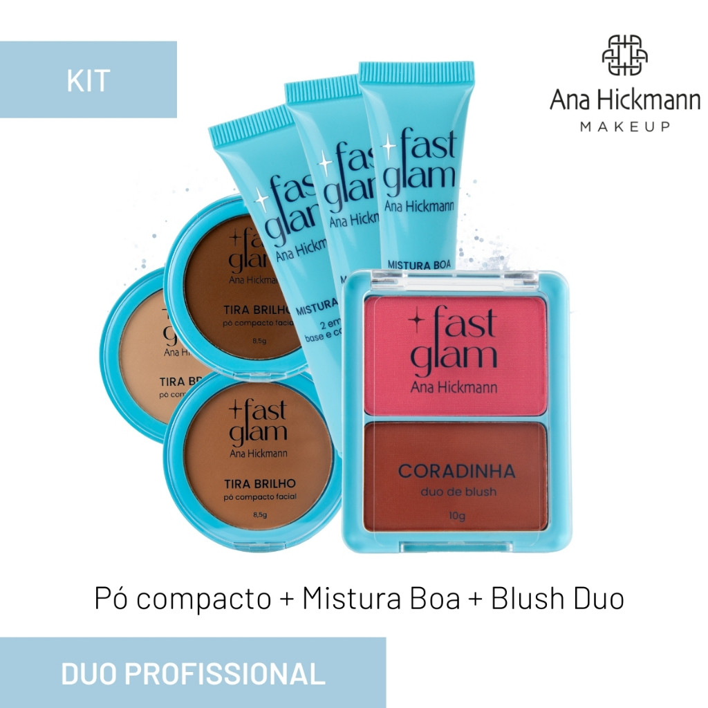 Kit Pó Compacto Tira Brilho + Base 2 em 1 +  Blush Duo Rosada Coradinha -Ana Hickmann Fast Glam