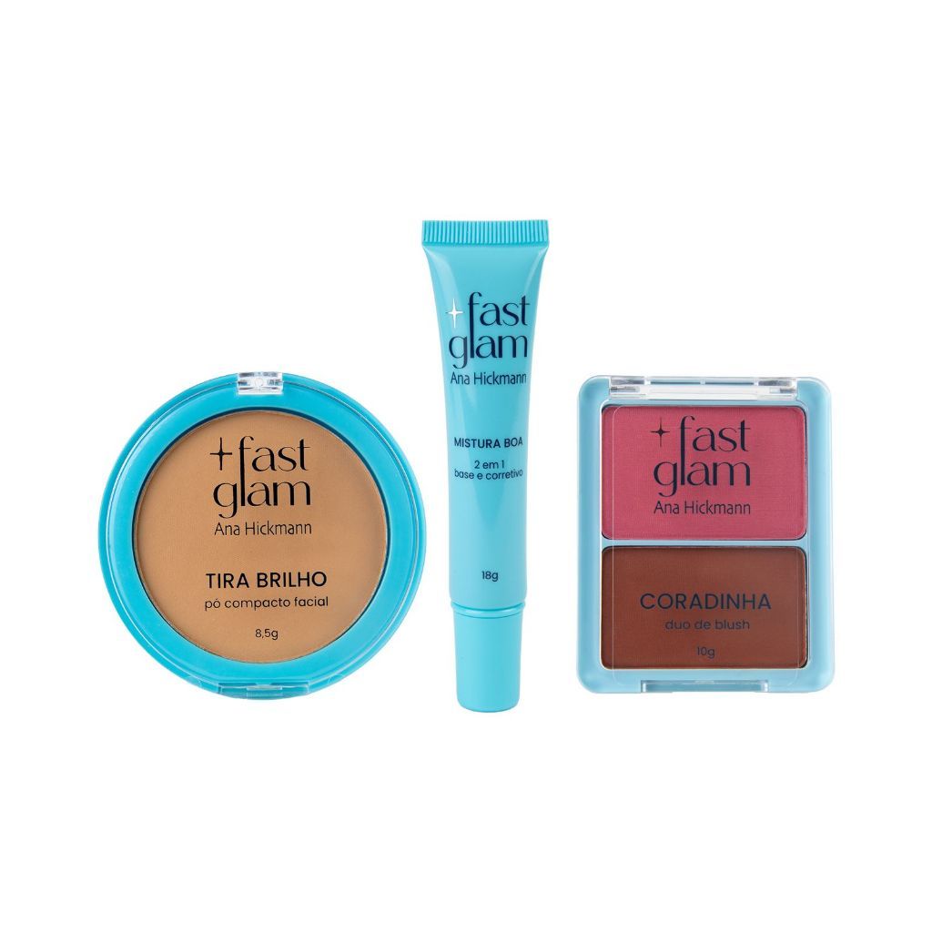 Kit Pó Compacto Tira Brilho +  Base 2 em 1 + Blush Duo Coradinha Rosada Fast Glam Ana Hickmann