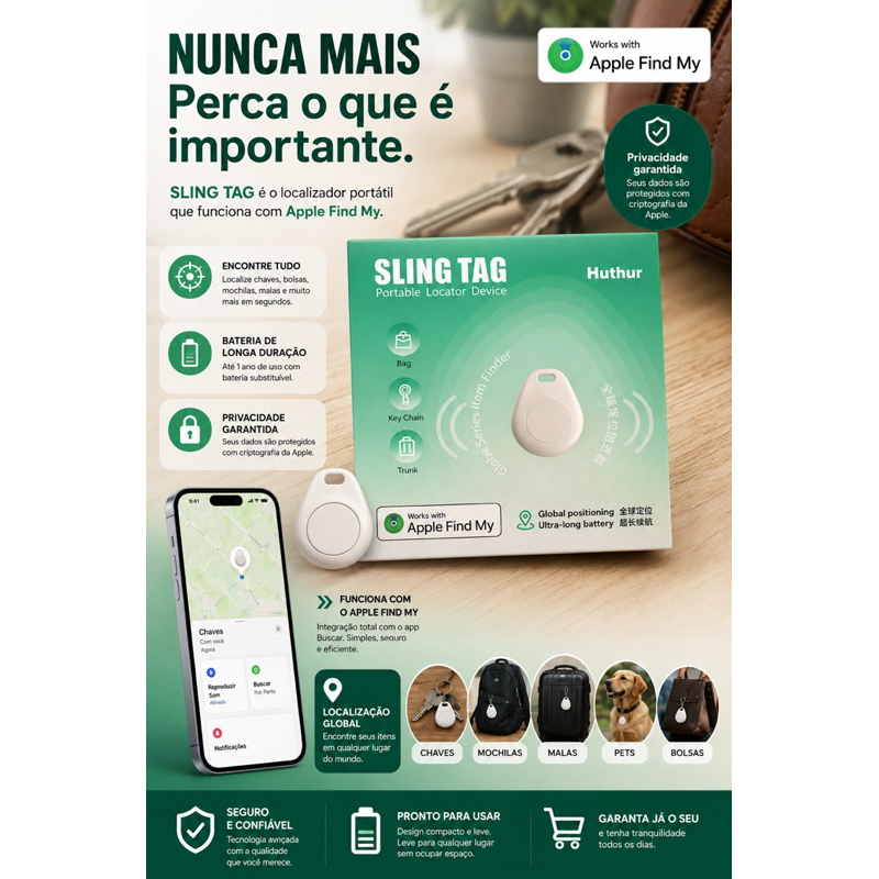 SLING TAG Localizador Inteligente Bluetooth Compatível com Apple Find My | Nunca Perca Chaves, Mochilas, Malas e Pets