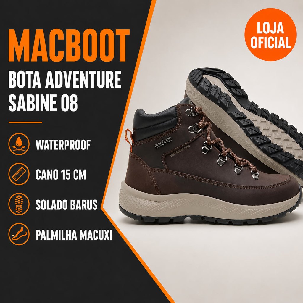 Bota Unissex Adventure Cano Alto Macboot Sabine 08 Couro Impermeável À Prova D'Água Trilha Caminhada