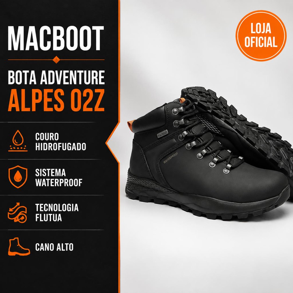 Bota Unissex Adventure Cano Alto Macboot Alpes 02Z Couro Impermeável À Prova D'Água Trilha Caminhada