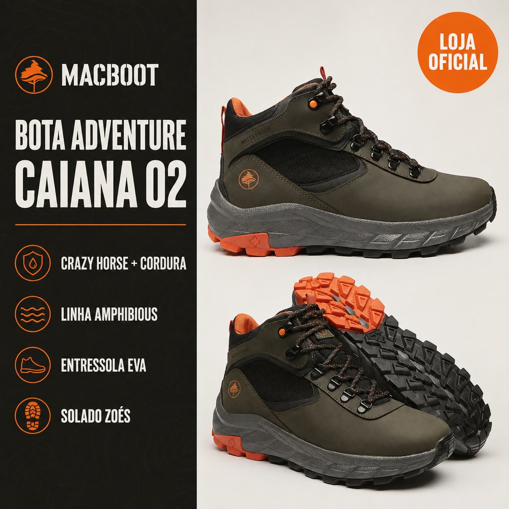 Bota Impermeável Macboot Caiana 02 Adventure Cano Alto Couro Trilha Trekking Chuva Lama Antiderrapante Waterproof
