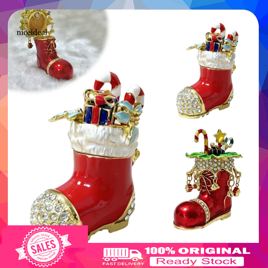 Enamel Boot Trinket Holder Christmas Jewelry Storage Box Mini with Rhinestone Decor Magnetic Closure Organizer for Rings