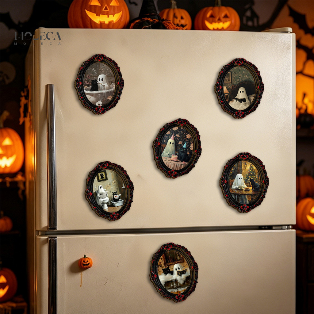 Halloween Decor Style Holiday Gifts Ghost Fridge Magnet Retro Oval Magnetic Picture Frame for Kitchen Metal Cabinet Home