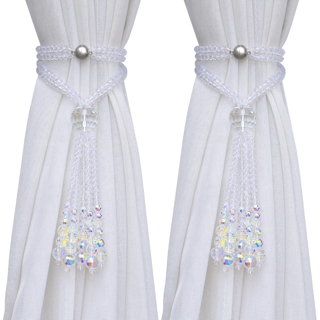 PEDOBO Magnetic Curtain Tiebacks, 2 Pack Crystal Beaded Tassel Sheer/Drapery Curtain Holdbacks, Boho Hanging Decor for F