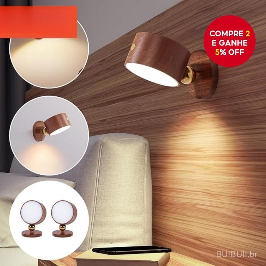 Arandela de Parede de Madeira com LED 360 °     Luz Noturna Magnética Rotativa Recarregável para Leitura e Iluminação Do