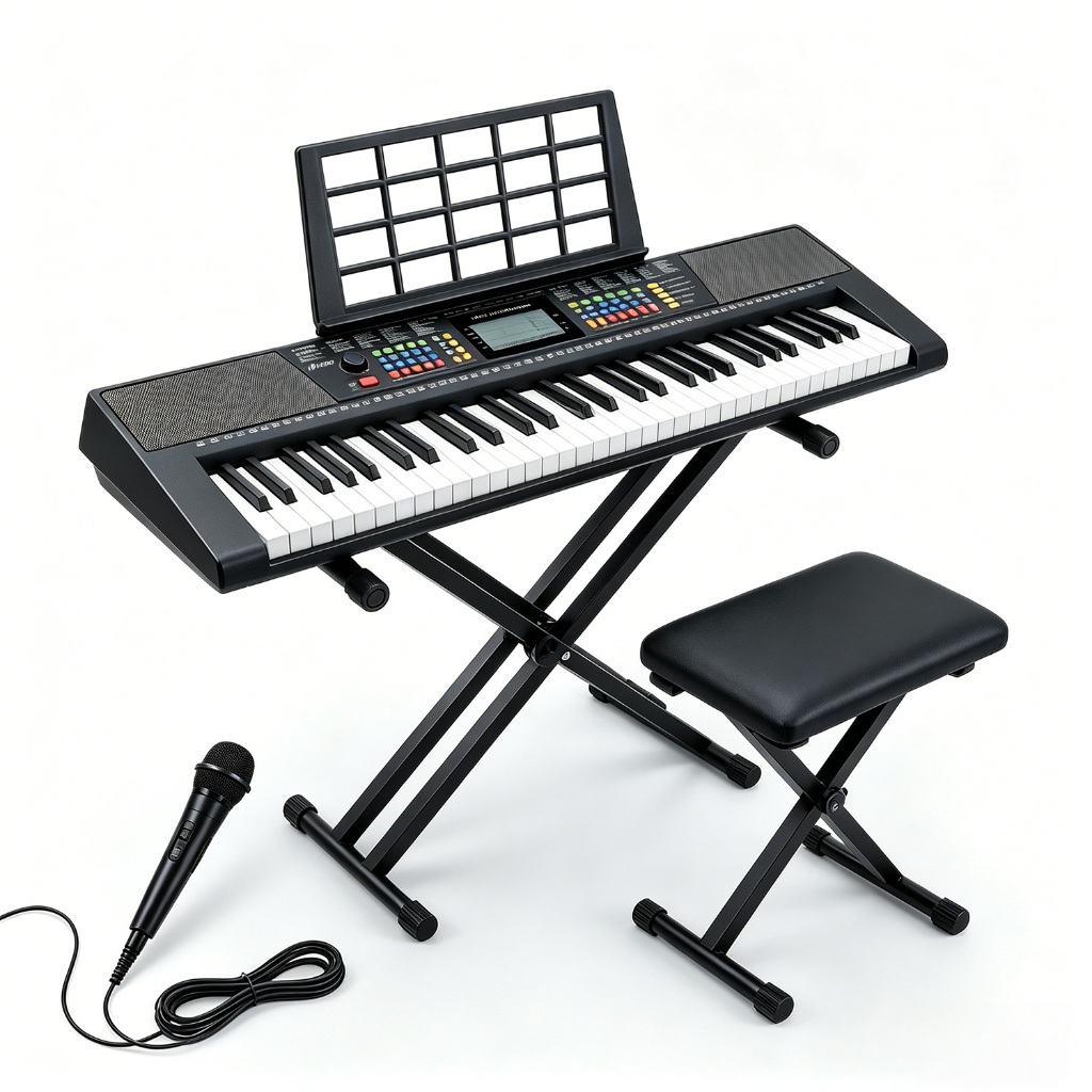 Piano digital VEDO de 61 teclas, kit de teclado de piano elétrico, 256 timbres, 256 ritmos — inclui suporte para piano,