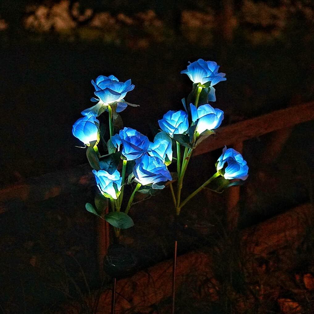 Solar Garden Rose Lights - 2 Pack Realistic Outdoor Flower Lights, Waterproof LED Stake Landscape Decorative for Garden,