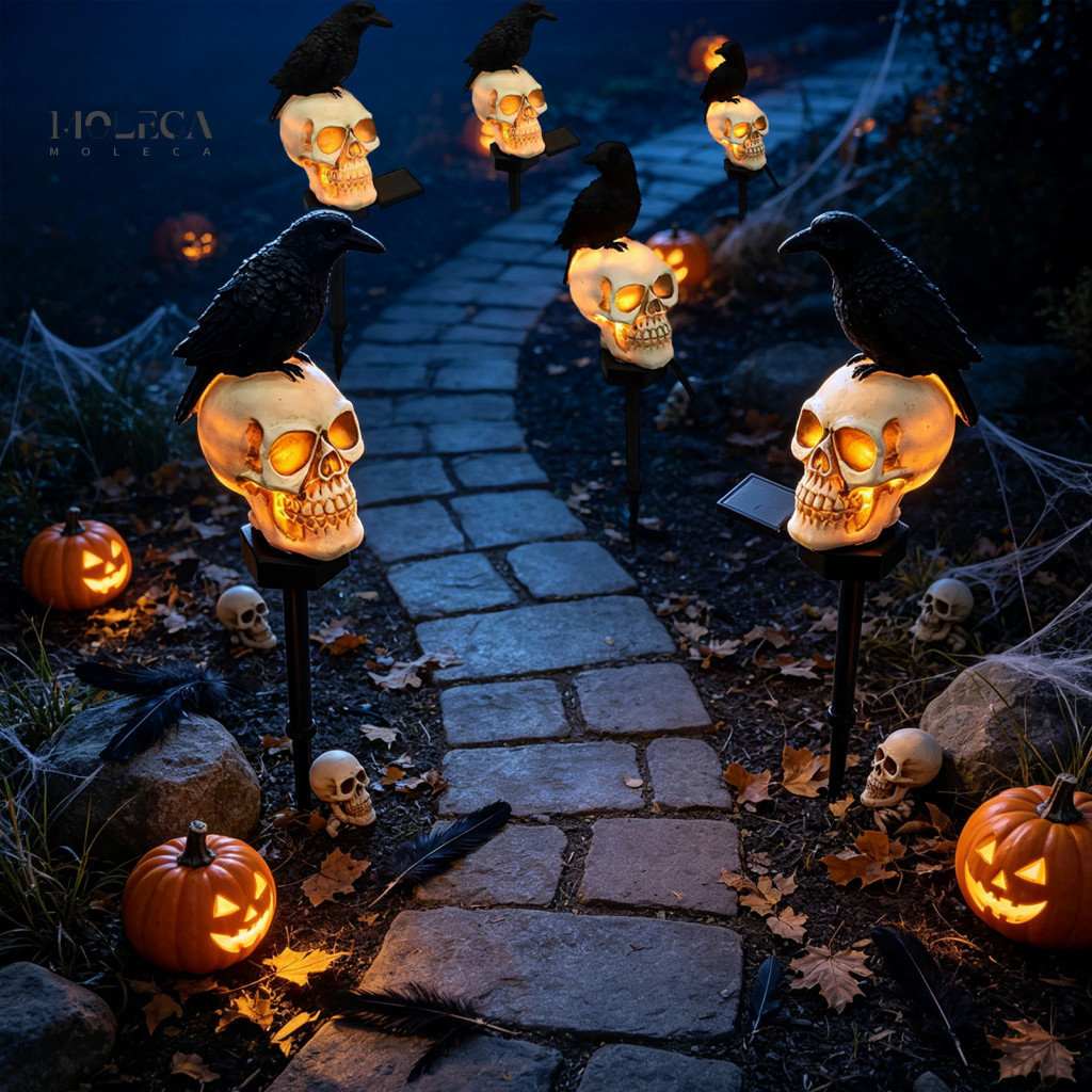 Waterproof Outdoor Resin Skull Lamps Decorative Stakes for Flowerbeds Led Solar Crow Light Halloween Garden Pathway Lamp