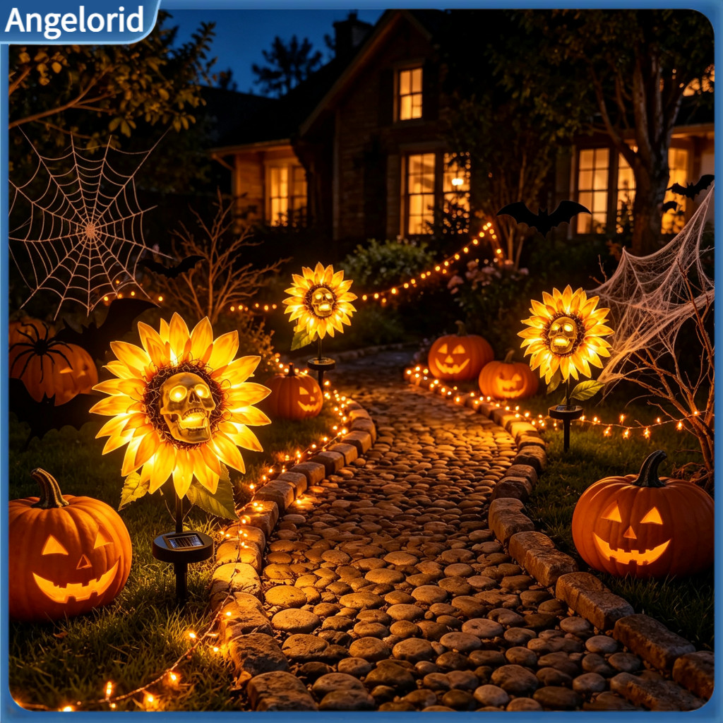 Halloween Skull Sunflower Decor Artistic Yard Waterproof Solar Garden Stake Light – Led Outdoor Statue Lamp for Patio