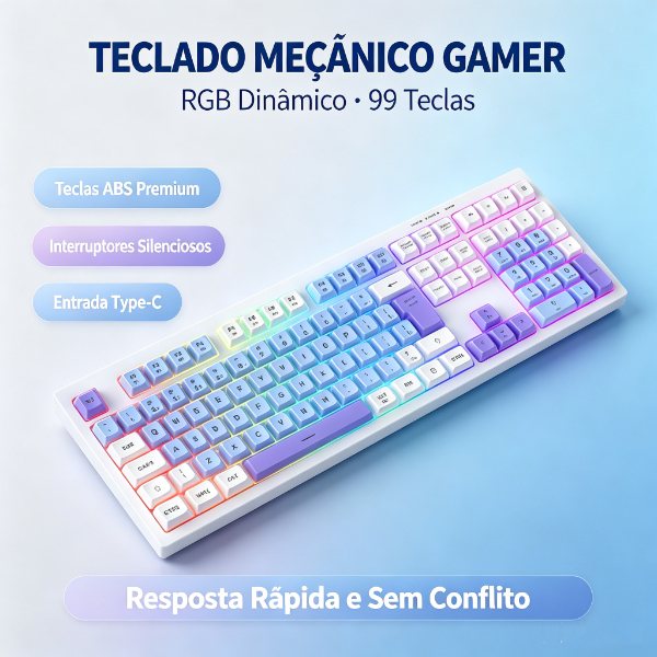 Teclado com fio layout ABNT2 português‑brasileiro, teclas silenciosas, retroiluminação RGB, teclas PBT, design ergonômic