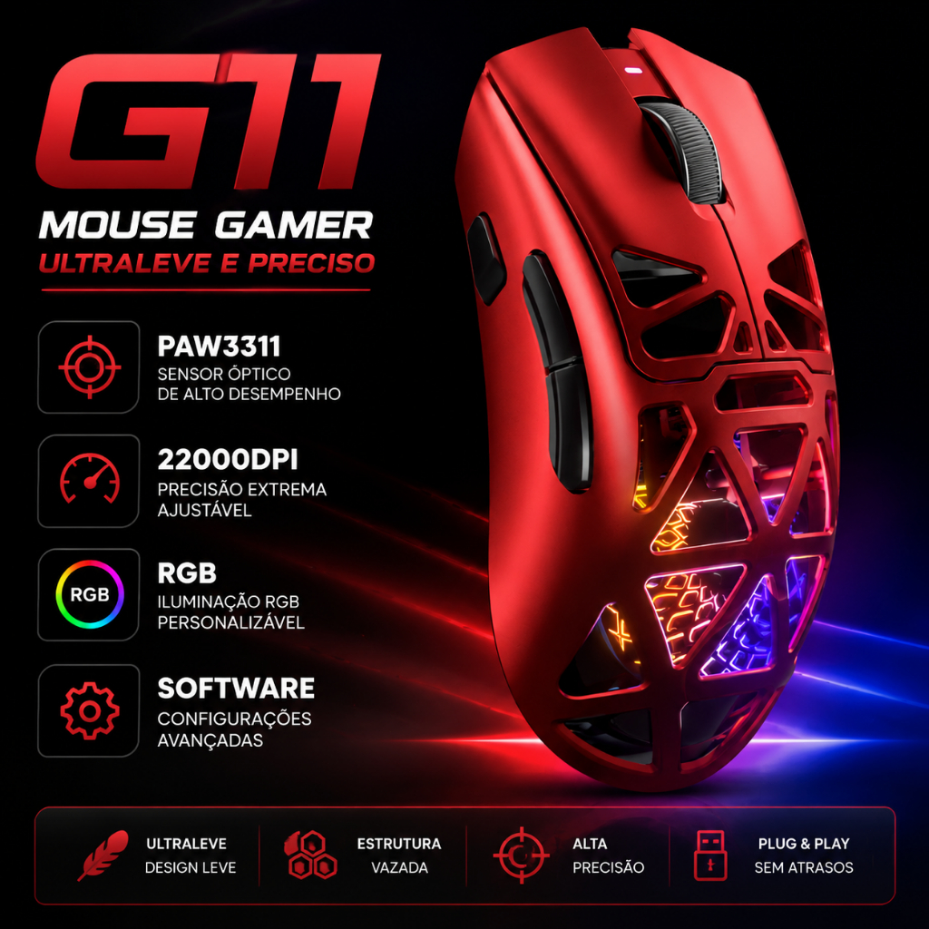 MOUSE Gamer Sem Fio G11 RGB 22000DPI 1khz software 400mah Ergonomic  BT 2.4G USB Baixa latência 67g notebook PC Win Mac