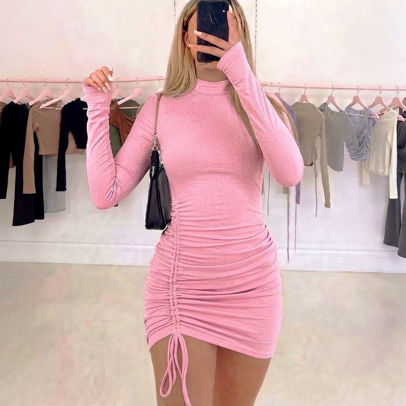 Vestido Feminino Curto Manga Longa Gola Alta Dress Regulavel ajustavel Suplex