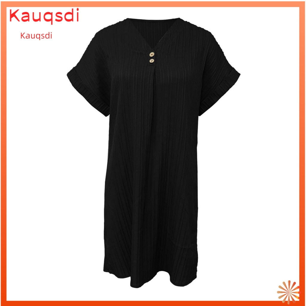 Women Solid Color Dress Plain Short-sleeved T-shirt Bohemian Summer Mini for – Short Sleeve V Neck Loose Fit Button Be
