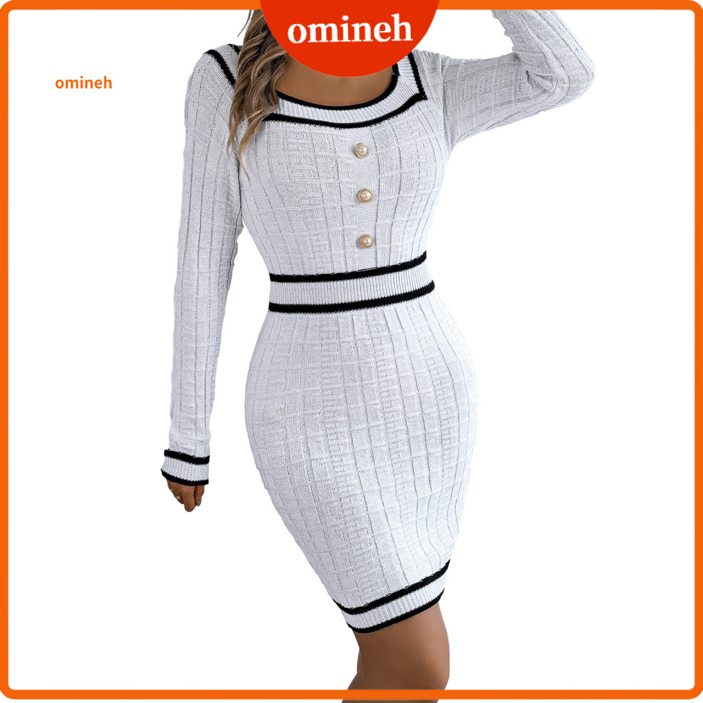 Elastic Cotton Dress for Women Slim Fit Hip-hugging Women’s Long Sleeve Knit Bodycon Square Neck Mini Sweater with But