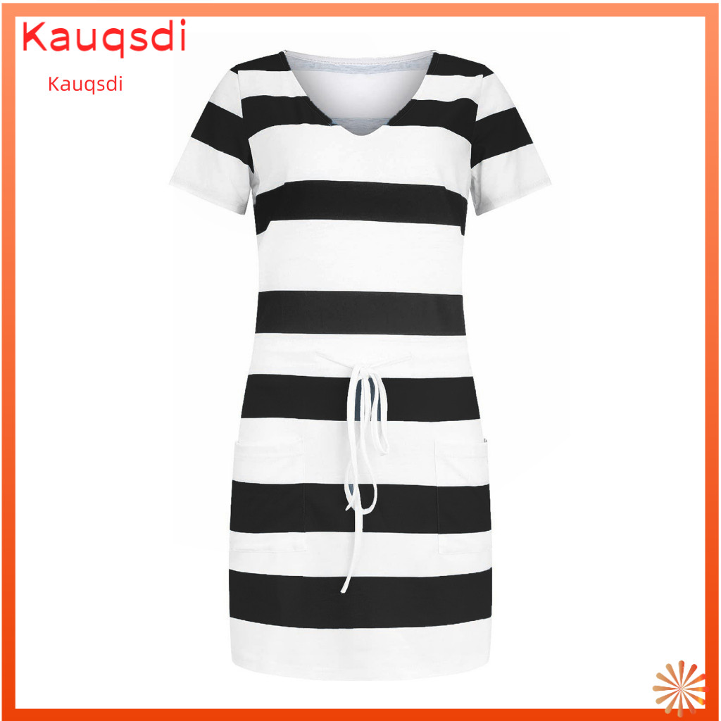 Polyester Mid-length Dress Women Solid Color Women’s Summer Striped V-neck Short Sleeve T-shirt Tie Waist Mini with Po