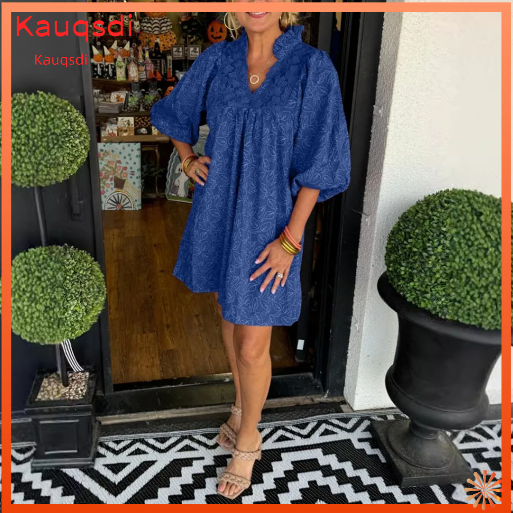 Loose Fit Women Dress Summer Spring Mini V-neck Lace Patchwork Floral Lantern Sleeves Pleated Printed for Dating Prom Ev